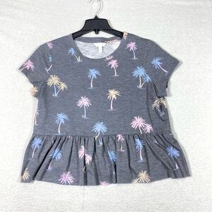 Lauren Conrad LC Peplum Tee Women's PXL Gray Palm Tree Tropical Cottage Beachy